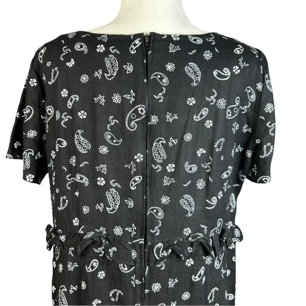 Y2K MATCH Linen Paisley Midi Dress 12 Vintage Black White Ruffle USA - Picture 7 of 10